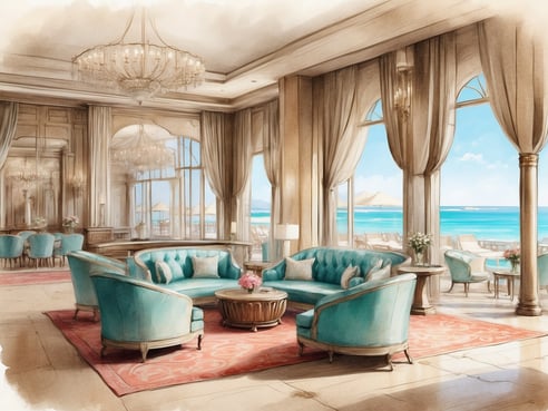Eine elegante Lounge im NH Hotels Collection Dubai The Palm zeigt hellblaue Sessel und eine geschwungene Couch. Der Raum ist lichtdurchflutet mit großen Fenstern, die einen Blick auf das Meer und die umliegenden Strände bieten. Deckenhohe Vorhänge und ein kristallklarer Kronleuchter verleihen dem Raum eine luxuriöse Atmosphäre. Ein runder Tisch mit einer Blumendekoration ergänzt die Einrichtung. Der Boden ist aus hellem Stein und ein Teppich in warmen Farben sorgt für eine einladende Stimmung.