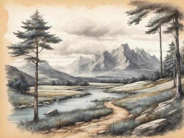 Auf dem Bild ist eine malerische Landschaft zu sehen. Im Vordergrund verläuft ein schmaler Wanderweg, der sich am Ufer eines Flusses entlang schlängelt. Rechts und links des Weges sind niedrige Sträucher und Gras zu erkennen.Im Hintergrund erhebt sich eine beeindruckende Berglandschaft mit schroffen Gipfeln und sanften Hügeln. Der Himmel ist teilweise bewölkt, was dem Bild eine ruhige und friedliche Atmosphäre verleiht. Die Szene strahlt eine harmonische Verbindung zur Natur aus und lädt zum Verweilen und Erkunden ein.