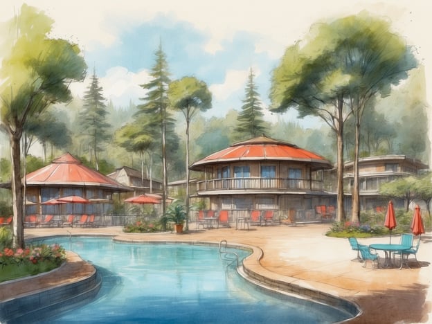 Auf dem Bild ist eine malerische Szene eines Ferienparks zu sehen, die sich um einen Pool mit weichem Rundungsverlauf gruppiert. Um den Pool herum liegen einladende Loungemöbel und ein paar Sonnenschirme. Im Hintergrund sind mehrere Unterkunftsgebäude mit auffälligen roten Dächern sichtbar, umgeben von grünen Bäumen und einer blühenden Landschaft. Diese Umgebung vermittelt eine entspannende Urlaubsatmosphäre, die ideal für Familien und Erholungssuchende ist.Der Überblick über Roompot Park zeigt typischerweise, dass solche Parks in schönen, naturnahen Lagen geplant sind und eine Vielzahl von Freizeit- und Erholungsmöglichkeiten bieten. Gäste können oft Unterkünfte in ruhiger Umgebung sowie verschiedene Aktivitäten im Freien genießen.