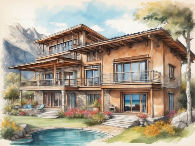 Auf dem Bild ist ein wunderschönes Zuhause zu sehen, das als Ferienwohnung oder Luxusunterkunft dienen könnte. Es handelt sich um ein mehrstöckiges Gebäude im modernen alpinen Stil, mit großen Fenstern und einem Balkon, der einen schönen Blick auf die Landschaft bietet. Es gibt eine Terrasse und einen Pool, was auf eine entspannende Unterkunft hinweist, ideal für einen Urlaub oder als Rückzugsort. Diese Art von Unterkunft könnte in einem Ferienresort oder in einer ruhigen Naturumgebung zu finden sein, perfekt für Erholung und Freizeitaktivitäten.