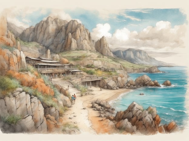 Auf dem Bild ist eine malerische Küstenlandschaft zu sehen. Es gibt eine ruhige Bucht mit klarem, blauem Wasser, umgeben von beeindruckenden Felsen und Bergen. Die Architektur scheint typisch für eine Strandunterkunft zu sein, möglicherweise ein Resort oder ein Ferienhaus.Typische Freizeitaktivitäten könnten hier Schwimmen, Sonnenbaden oder Wandern entlang der Küste sein. Zudem bietet die Gegend sicherlich schöne Aussichten zum Entspannen und Genießen der Natur. Eine Erkundung der Umgebung, vielleicht durch Bootsfahrten oder Spaziergänge am Strand, wäre ebenfalls möglich.