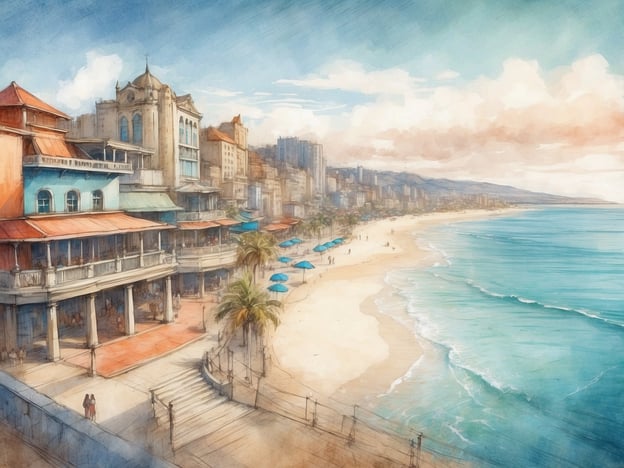 Auf dem Bild ist eine Küstenansicht zu sehen. Im Vordergrund erstreckt sich ein schöner Sandstrand mit einigen Palmen und blauen Sonnenschirmen. Es sind Spaziergänger und Menschen am Strand sichtbar.Hinter dem Strand befindet sich eine promenadeartige Struktur mit mehreren bunten Gebäuden, die sich bis zur Küste ziehen. Diese Gebäude scheinen Geschäfte oder Restaurants zu sein und sind teilweise im Kolonialstil gestaltet. In der Ferne erkennt man eine Reihe höherer Gebäude und einen Berg oder Hügel, der sich hinter der Stadtlandschaft erhebt. Der Himmel ist klar mit einigen Wolken, was auf ein schönes Wetter hinweist.