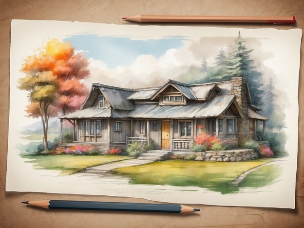 Auf dem Bild ist ein charmantes Haus im malerischen Stil zu sehen. Es handelt sich um eine Holzstruktur mit einem schrägen Dach und einem Kamin aus Stein. Rund um das Haus sind bunte Blumenbeete und Bäume, die eine einladende Atmosphäre schaffen.Die Ausstattung scheint rustikal und gemütlich, mit großen Fenstern, die viel Licht hereinlassen. Man könnte sich gut vorstellen, dass es innen warme Holzverkleidungen und eine gemütliche Einrichtung gibt. Die Umgebung wirkt friedlich und natürlich, ideal für eine entspannte Auszeit.