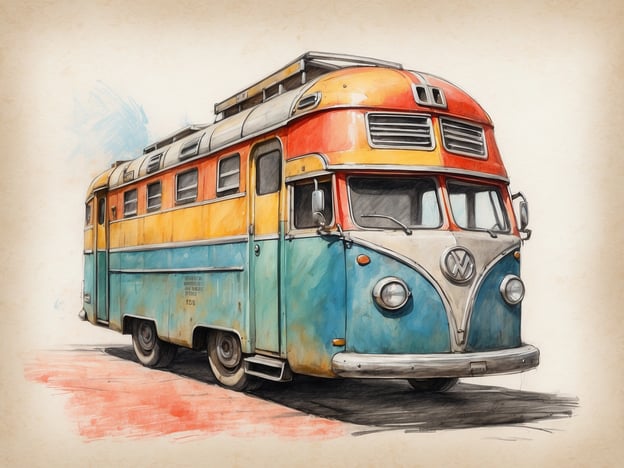 Auf dem Bild ist ein farbenfroher VW-Bus zu sehen, der in einer künstlerischen Zeichnung dargestellt ist. Die Lage des Busses scheint auf einer Straße zu sein, möglicherweise in einer städtischen oder landschaftlichen Umgebung.Für die Anreise könnte man sagen, dass ein solcher VW-Bus ideal für Roadtrips oder Reisen in die Natur geeignet ist. Er erinnert an nostalgische Reisen und bietet Platz für Abenteuer und Erkundungen.