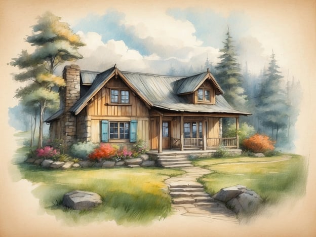 Auf dem Bild ist ein gemütliches Holzhaus zu sehen, das in einer idyllischen Landschaft steht. Die Unterkunft hat eine einladende Veranda, die einen schönen Blick auf die Umgebung bietet.Die Ausstattung umfasst große Fenster, die viel Licht hereinlassen, sowie einen Kamin aus Stein, der dem Haus rustikalen Charme verleiht. Um das Haus herum gibt es bunte Blumenbeete und einige Bäume, die zur natürlichen und entspannenden Atmosphäre beitragen. Die gepflegte Umgebung und der Steinweg verstärken den einladenden Charakter der Unterkunft.