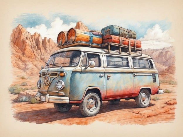 Auf dem Bild ist ein klassischer Campingbus zu sehen, der auf einer Straße in einer felsigen, wüstenähnlichen Landschaft steht. Oben auf dem Bus sind mehrere Gepäckstücke und Campingausrüstungen gestapelt. Diese Szene könnte auf verschiedene Freizeitaktivitäten hinweisen, wie zum Beispiel:1. **Camping**: Der Bus ist perfekt für einen Campingausflug mit Freunden oder der Familie.2. **Roadtrips**: Das Fahrzeug eignet sich hervorragend für längere Reisen und Abenteuer auf der Straße.3. **Wandern**: Die umliegenden Felsen und die Natur könnten als Ausgangspunkt für Wandertouren dienen.4. **Fotografie**: Die malerische Landschaft bietet tolle Gelegenheiten für Naturfotografie.5. **Outdoor-Aktivitäten**: Es könnten auch andere Freizeitaktivitäten wie Picknicks oder Angeln in der Nähe möglich sein.Insgesamt vermittelt das Bild ein Gefühl von Freiheit und Abenteuer in der Natur.