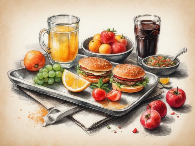 Auf dem Bild sind verschiedene Lebensmittel und Getränke zu sehen. Es gibt zwei Burger mit Sesambrötchen, frisch und lecker, die mit Salat und Tomaten gefüllt sind. Daneben befinden sich eine Auswahl an Früchten, darunter Äpfel, Trauben, Erdbeeren und Orangen.Zu trinken gibt es ein Glas mit einer gelben Flüssigkeit, wahrscheinlich Saft, und ein weiteres Glas mit einer dunklen, kohlensäurehaltigen Getränk, möglicherweise Cola. Außerdem ist eine kleine Schüssel mit einer bunten Salatmischung zu sehen. Das Ganze ist ansprechend auf einem Tablett präsentiert.
