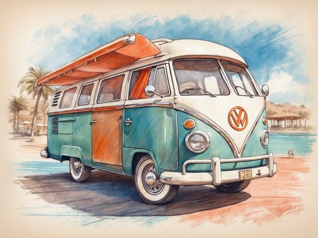 Auf dem Bild ist ein Volkswagen Bulli zu sehen, der am Strand parkt. Der Bulli hat eine bunte Lackierung in Blau und Orange und ein aufklappbares Dach. Im Hintergrund erkennt man Palmen und eine Küstenlandschaft, die auf eine entspannte Urlaubsatmosphäre hinweist.In Bezug auf den Roompot Park könnten ähnliche farbenfrohe und entspannende Szenerien erwartet werden. Roompot Parks bieten oft eine Vielzahl an Freizeitmöglichkeiten, wie Schwimmbäder, Spielplätze und Zugang zur Natur, was eine ideale Kulisse für Familienurlaube und Erholung bietet. Die Atmosphäre ist normalerweise freundlich und einladend, perfekt für einen entspannten Aufenthalt.
