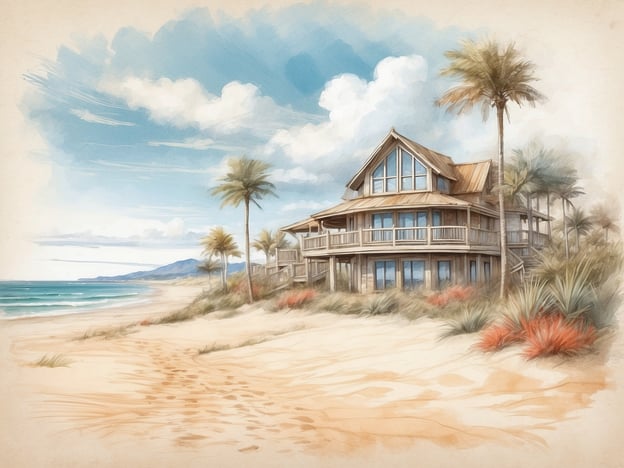 Auf dem Bild sieht man ein malerisches Strandhaus, das in einer ruhigen Küstenlandschaft steht. Umgeben von Sandstränden und Palmen, bietet die Szene eine entspannte Urlaubsatmosphäre. Im Hintergrund sind die sanften Wellen des Meeres und eine bergige Küstenlinie zu erkennen.Der Strandpark Duynhille ist bekannt für seine natürliche Schönheit und die Möglichkeit, sich in einer idyllischen Umgebung zu erholen. Neben den Stränden gibt es weitläufige Dünenlandschaften, die ideal für Spaziergänge oder Radtouren sind. Die Kombination aus Strand, Natur und der Möglichkeit, verschiedene Freizeitaktivitäten zu genießen, macht diesen Ort besonders attraktiv für Erholungssuchende.