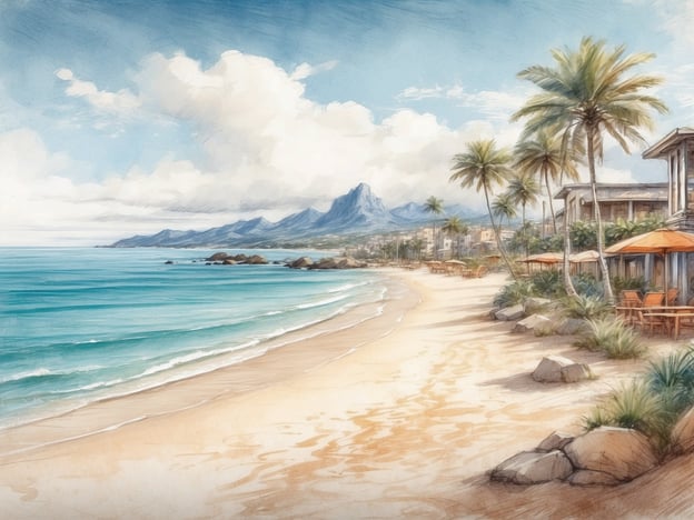 Auf dem Bild ist ein malerischer Strand mit feinem Sand und Palmen zu sehen, vor dem sich das türkisfarbene Meer erstreckt. Im Hintergrund ragen majestätische Berge auf, was der Szenerie eine dramatische Kulisse verleiht.In der Nähe könnten beliebte Strände wie der Waikiki Beach in Hawaii oder der Anse Source d'Argent auf den Seychellen sein. Attraktionen in der Umgebung wären vielleicht Wassersportmöglichkeiten, Strandrestaurants oder Wanderwege mit Ausblicken auf die Natur. Gepflegte Strandpromenaden und lokale Märkte könnten ebenfalls Teil der Umgebung sein und den Besuchern ein authentisches Erlebnis bieten.
