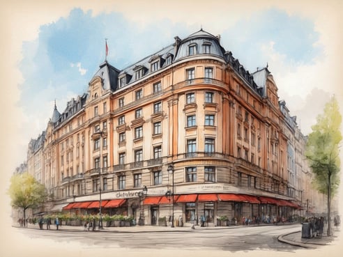 Das Bild zeigt das NH Hotels Collection Hamburg City in Deutschland aus einer malerischen Perspektive. Das Gebäude mit einem eleganten, historischen Design hat eine helle Fassade mit großen Fenstern und geschwungenen Dachkanten. Über der Eingangstür sind Markisen in leuchtendem Rot zu sehen, die dem Gebäude einen einladenden Charakter verleihen. Um das Gebäude herum sind Menschen unterwegs, und einige Bäume sind auf der linken Seite des Bildes zu sehen. Der Himmel ist klar und blau, was die freundliche Atmosphäre unterstreicht.