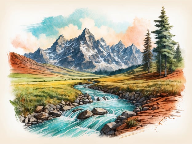 Das Bild zeigt eine malerische Landschaft mit Bergen im Hintergrund, einem klaren Fluss, der durch eine weite, grüne Wiese fließt, und vereinzelten Bäumen.In der Geschichte des Kirnitzschtals wird die Schönheit dieser Region hervorgehoben. Das Kirnitzschtal, als Teil des Elbsandsteingebirges, ist bekannt für seine beeindruckenden Felsformationen und die idyllische Natur. Es wäre nicht untypisch, dass die sanften Hügel und der sprudelnde Fluss in diesem Bild metaphorisch für die üppigen Landschaften und die malerischen Wanderwege des Kirnitzschtals stehen, die sowohl Einheimische als auch Touristen anziehen.