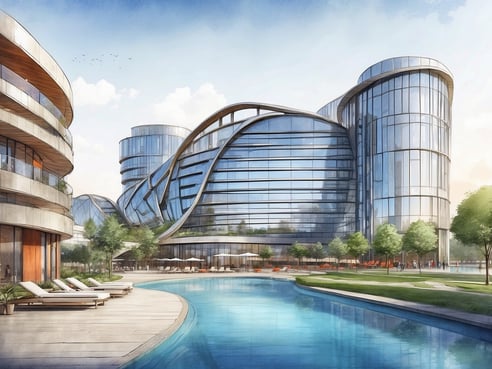 Das Bild zeigt die moderne Architektur des NH Hotels Collection Köln Mediapark in Deutschland. Im Vordergrund ist ein klarer Pool zu sehen, der von einer eleganten Holzterrasse und stilvollen Liegen umgeben ist. Der Hintergrund dominiert durch geschwungene Glasfassaden der Hotelgebäude, die in verschiedenen Höhen angeordnet sind. Auf der linken Seite befinden sich grüne Bäume und Gartenanlagen, die zur gemütlichen Atmosphäre beitragen. Der Himmel ist klar und hell, was das Bild insgesamt freundlich und einladend wirken lässt.