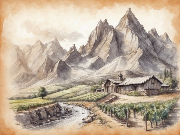 Auf dem Bild ist eine ländliche Landschaft mit hohen Bergen, einer kleinen Farm oder Hütte und Weinreben zu sehen. Der Fluss, der durch die Szene fließt, fügt ein friedliches Element hinzu.In der Umgebung solcher Landschaften bieten sich zahlreiche Ausflugsmöglichkeiten an. Man könnte:1. **Wanderungen** in den Bergen unternehmen, um die Natur zu genießen und atemberaubende Ausblicke zu erleben.2. **Weinverkostungen** in den nahegelegenen Weinbergen oder Weingütern genießen.3. **Radfahren** entlang der malerischen Flüsse und Felder, um die Landschaft aktiv zu erkunden.4. **Picknicks** in den grünen Wiesen, um die frische Luft und die ruhige Atmosphäre zu genießen.Diese Aktivitäten würden es ermöglichen, die Schönheit der Natur voll auszukosten.