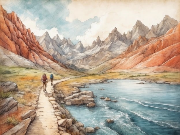 Auf dem Bild sind zwei Wanderer zu sehen, die einen malerischen Weg entlang eines Flusses gehen, umgeben von beeindruckenden Bergen und einer bunten Landschaft. Das Bild vermittelt eine entspannte Atmosphäre und könnte auf verschiedene Aktivitäten in der Natur hinweisen, wie zum Beispiel:1. **Wandern** – Eine beliebte Freizeitaktivität, um die Natur zu genießen und sich fit zu halten.2. **Naturfotografie** – Die atemberaubende Landschaft bietet großartige Motive für Fotografen.3. **Angeln** – Der Fluss könnte ein geeigneter Ort sein, um Ruhe und Erholung beim Angeln zu finden.4. **Camping** – In einer solchen Umgebung bietet sich ein Zeltplatz in der Nähe des Wassers an.5. **Vogelbeobachtung** – Die vielfältige Natur zieht viele Vogelarten an, die beobachtet werden können.Diese Aktivitäten ermöglichen es den Menschen, die Schönheit der Natur zu erleben und ihre Freizeit aktiv zu gestalten.