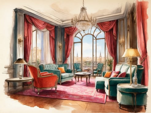 Ein eleganter Wohnraum im NH Hotels Collection Madrid Gran Via in Spanien. Die Einrichtung besteht aus mehreren Sofas in verschiedenen Farben wie türkis und rot, ergänzt durch einen runden Tisch und eine Lampe. Große Fenster bieten einen Blick auf die Stadt und lassen viel Licht herein. Rote Vorhänge rahmen die Fenster und verleihen dem Raum eine luxuriöse Atmosphäre. Ein Teppich mit einem ornamentalen Muster rundet das stilvolle Ambiente ab.