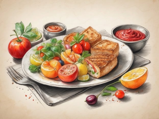 Auf dem Bild ist ein ansprechend angerichteter Teller mit verschiedenen kulinarischen Angeboten zu sehen. Im Vordergrund befinden sich goldbraun geröstete Toasts oder Sandwiches, die appetitlich gefüllt sind. Um sie herum liegen frische, bunte Früchte, wie Äpfel, Kirschtomaten, Mandarinen und Zitronen, die eine lebendige Note hinzufügen.Außerdem gibt es zwei kleine Schalen mit Saucen: eine süßlichrote Sauce und eine andere, die möglicherweise eine Hartmannsauce oder Salsa repräsentiert. Dieses Gericht könnte in einem modernen Bistro oder einem Café serviert werden, das Wert auf gesunde und stilvolle Speisen legt.