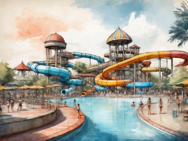 Auf dem Bild ist eine künstlerische Skizze eines Wasserparks zu sehen, wahrscheinlich inspiriert vom Waterpark Belterwiede. Der Park verfügt über mehrere große Wasserrutschen in verschiedenen Farben, die sich um einen zentralen Turm winden. Rund um die weitläufige Poollandschaft sind zahlreiche Besucher zu sehen, die das Wasser und die Attraktionen genießen. Es gibt auch Sonnenschirme und Liegen, die den Gästen einen entspannenden Aufenthaltsort bieten.Der Waterpark Belterwiede ist bekannt für seine familienfreundlichen Attraktionen, darunter aufregende Rutschen, Pools für Kinder und Erwachsene sowie weitere Freizeitmöglichkeiten. Der Park bietet eine ideale Umgebung für einen unterhaltsamen Tag im Wasser und wird oft für seine abwechslungsreichen Attraktionen geschätzt.