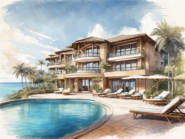 Auf dem Bild ist eine luxuriöse Villa zu sehen, die sich wahrscheinlich an einem Strand oder in einer tropischen Umgebung befindet. Die Unterkunft verfügt über mehrere Etagen und große Fenster, die einen herrlichen Blick auf das Meer ermöglichen. Um das Gebäude herum sind Liegen und Sonnenschirme angeordnet, die zum Entspannen am Pool einladen.Dieser Ort könnte als Ferienwohnung, Strandvilla oder exklusives Resort genutzt werden, ideal für einen erholsamen Urlaub. Solche Unterkünfte bieten oft Annehmlichkeiten wie einen privaten Pool, direkten Zugang zum Strand und einen Garten, umgeben von Palmen.