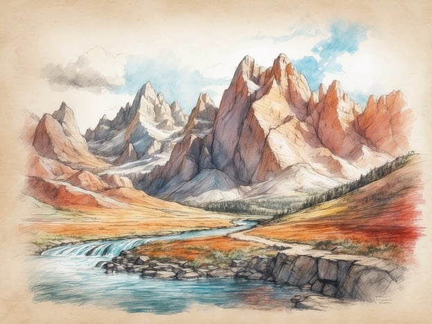 Auf dem Bild sind beeindruckende Berge zu sehen, die in verschiedenen Rottönen und Grautönen dargestellt sind. Im Vordergrund fließt ein klarer Fluss, umgeben von einer malerischen Landschaft mit sanften Hügeln und einigen Bäumen.In solch einer Umgebung könnten Freizeitaktivitäten wie Wandern, Radfahren oder Picknicken sehr beliebt sein. Außerdem könnten Sehenswürdigkeiten wie Nationalparks oder Aussichtsplattformen in der Nähe sein, die einen atemberaubenden Blick auf die Berge und die Natur bieten. Solch eine Region könnte auch für Fotografie oder Vogelbeobachtungen geeignet sein, besonders in der Frühjahrs- oder Herbstsaison, wenn die Farben besonders leuchtend sind.