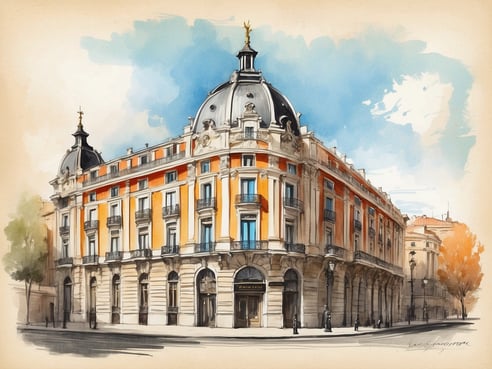 Das Bild zeigt eine künstlerische Darstellung des NH Hotels Collection Madrid Palacio De Tepa in Spanien. Es ist ein elegantes Gebäude mit einer auffallenden orangen Fassade und schönen Balkonen. Die Architektur weist eine Kombination aus klassischen und modernen Elementen auf, während die kuppelförmigen Dächer mit goldenen Verzierungen den Blickfang bilden. Um das Gebäude herum sind Bäume und Straßenlaternen zu sehen, die eine einladende Atmosphäre schaffen. Der Himmel ist in sanften Blau- und Weißtönen gehalten, was dem Bild einen ruhigen und harmonischen Eindruck verleiht.