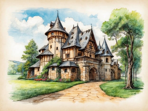 Auf dem Bild ist ein malerisches Schloss oder eine Burg zu sehen, umgeben von einer schönen Landschaft mit Bäumen und Blumen. Die Architektur verbindet Elemente aus verschiedenen Baustilen, und die Türme mit spitzen Dächern verleihen dem Gebäude ein märchenhaftes Aussehen.In der Geschichte von Hohnstein könnte dieses Bild eine Vorstellung von der Burg Hohnstein vermitteln, die eine wichtige Rolle in der Region spielt. Die Burg Hohnstein liegt in einer malerischen Umgebung und war historisch ein Ort der Verteidigung und des Handels. Sie könnte auch den Schauplatz für zahlreiche Legenden und Geschichten über Ritter und Abenteuer gewesen sein. Die Landschaft drumherum, ähnlich wie auf dem Bild, könnte als wunderschöner Hintergrund für die Erzählungen dienen, die sich um die Burg und ihre Bewohner ranken.
