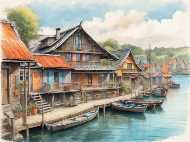 Auf dem Bild sind malerische Holzhäuser zu sehen, die am Ufer eines Gewässers stehen. Die Häuser haben rote Dächer und sind mit verschiedenen Blumen und Pflanzen dekoriert. Es gibt Stege und kleine Boote, die am Wasser vertäut sind. Die gesamte Szenerie wirkt idyllisch und lädt zu einem entspannten Aufenthalt ein.Im Kontext von Roompot Park - Water Village spiegelt das Bild die entspannte, naturnahe Atmosphäre wider, die Besucher dort erwarten können. Der Park bietet Unterkünfte in einer schönen Umgebung mit Wasseraktivitäten, ideal für Familien und Naturliebhaber. Die malerische Gestaltung und die Nähe zur Natur sind zentrale Aspekte, die den Charme des Parks ausmachen.