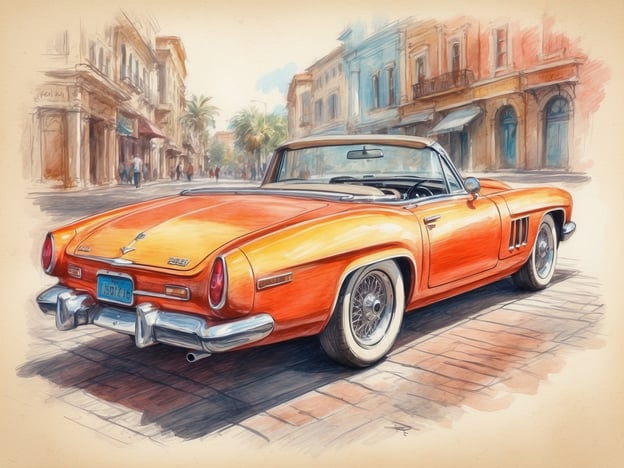 Auf dem Bild ist ein klassischer, orangefarbener Sportwagen zu sehen, der im Vordergrund steht. Er ist ein Cabriolet, was bedeutet, dass das Dach geöffnet ist. Die Umgebung zeigt eine malerische Stadtstraße mit historischen Gebäuden und Palmen, die eine entspannte, sommerliche Atmosphäre vermittelt.**Fazit:** Das Bild vermittelt ein Gefühl von Nostalgie und Freiheit, was durch das Stilmittel der Illustration verstärkt wird. Der Sportwagen, ein Zeichen für Eleganz und Stil, zieht die Blicke auf sich und passt gut zu der charmanten Stadtumgebung.**Empfehlungen:**1. **Betrachten Sie die Details:** Achten Sie auf die Form und das Design des Autos sowie auf die Farbgebung, die die Lebendigkeit unterstreicht.2. **Inspiration suchen:** Nutzen Sie ähnliche Szenarien oder Fahrzeuge für kreative Projekte, sei es in der Kunst, Fotografie oder im Design.3. **Stadt erkunden:** Falls Sie in einer ähnlichen Gegend sind, könnte eine Erkundungstour in einem klassischen Fahrzeug eine wunderbare Erfahrung sein.