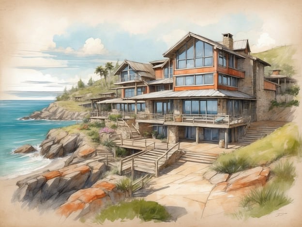 Auf dem Bild ist eine wunderschöne Küstenlandschaft mit modernen Häusern zu sehen, die direkt am Meer stehen. Die Architektur der Gebäude ist stilvoll und großzügig verglast, um den Blick auf die umliegende Natur und das Wasser zu maximieren. Die Umgebung ist grün und zieht sich mit sanften Hügeln und einigen Palmen bis zum Horizont.Im Kontext des Roompot Parks Zeebad erwarten Gäste eine idyllische Lage mit direktem Zugang zum Strand und zahlreichen Freizeitmöglichkeiten. Der Park bietet eine Vielzahl von Unterkünften, die ideal für Familien und Erholungssuchende sind, und lädt dazu ein, die Natur und das Meer in einer entspannten Atmosphäre zu genießen. Der Blick auf das Wasser und die Küstenlandschaft bietet eine ruhige Kulisse für einen Aufenthalt in diesem Erholungsparadies.