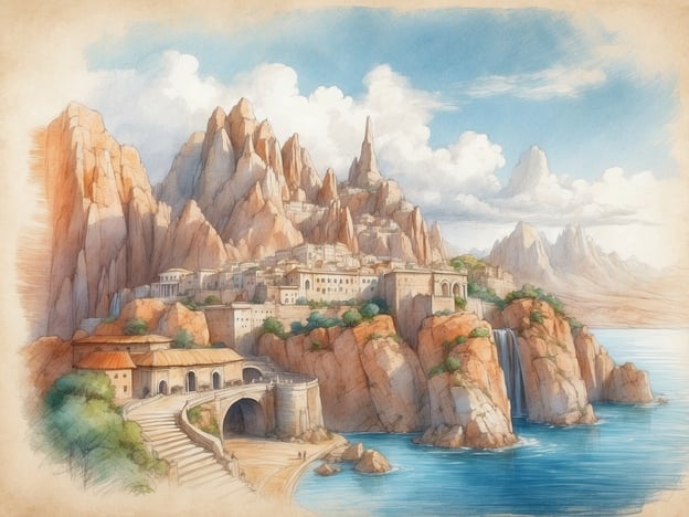 Das Bild zeigt eine malerische Landschaft mit großen Felsen und einer Stadt, die an einem Berghang erbaut ist. Es könnte sich um eine fiktive Szenerie handeln, die von mediterranen oder alpinen Regionen inspiriert ist.In der Umgebung könnten Sehenswürdigkeiten wie historische Burgen oder beeindruckende Klöster auf den Gipfeln zu sehen sein. Zudem könnte eine Wasserfallansicht, wie auf dem Bild dargestellt, ein beliebtes Ziel für Wanderer und Naturfreunde sein. Am Meer könnte eine schöne Promenade mit kleinen Cafés und Geschäften existieren. Solch eine Gegend zeichnet sich oft durch ihre atemberaubenden Sonnenuntergänge und die natürliche Schönheit der Umgebung aus.