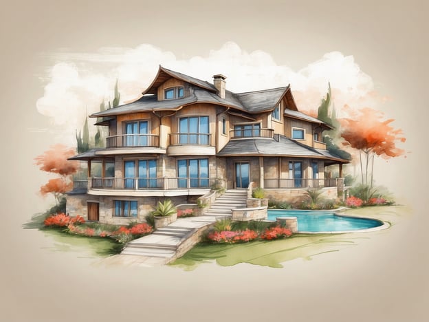 Auf dem Bild ist ein stilisiertes und malerisches Wohnhaus zu sehen, das von einer angenehmen Gartenlandschaft umgeben ist. Die Architektur des Hauses zeigt mehrere Ebenen mit großen Fenstern und einem einladenden Eingangsbereich.In einem Roompot Park gibt es verschiedene Unterkunftsmöglichkeiten, die Sie für Ihren Aufenthalt wählen können. Dazu gehören komfortable Ferienhäuser, moderne Mobilheime und gemütliche Bungalows. Diese Unterkünfte sind oft mit einer Küche, einem Essbereich und Terrassen ausgestattet, um den Aufenthalt komfortabel und entspannend zu gestalten. Einige Parks bieten zudem besondere Luxusunterkünfte mit private Pools oder Wellnessbereichen an.