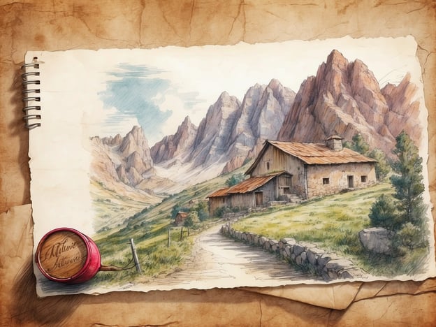 Auf dem Bild ist eine malerische Landschaft mit einem alten Bauernhaus zu sehen, umgeben von majestätischen Bergen. Diese Szenerie erinnert an ruhige Wanderwege in den Alpen, wo Besucher die Natur genießen und sich aktiv betätigen können.In der Umgebung könnten Aktivitäten wie Wandern, Radfahren und vielleicht auch Klettern angeboten werden. Zudem gibt es oft die Möglichkeit, lokale Küche in Berghütten zu probieren oder die atemberaubenden Aussichten von Aussichtspunkten aus zu bewundern. Die Region könnte auch Regionen mit Ski- und Snowboardmöglichkeiten im Winter beherbergen.