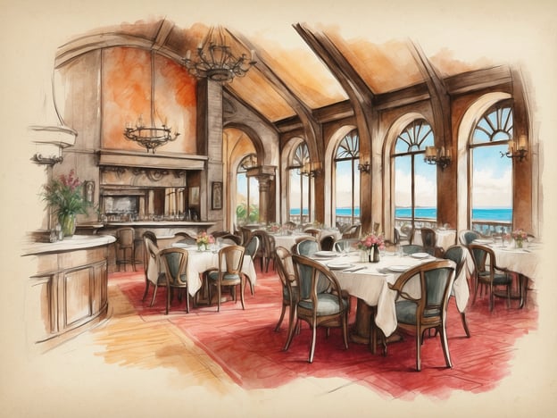 Auf dem Bild ist ein stilvolles Restaurant in einem Resort zu sehen. Die Inneneinrichtung ist elegant, mit hellen Wänden, großen Fenstern, die einen Blick auf das Meer bieten, und geschmackvollen Tischdekorationen.Typische Elemente für Essen und Trinken in einem solchen Resort könnten hochwertige Gerichte mit frischen, lokalen Zutaten sowie eine sorgfältige Weinauswahl sein. Es ist wahrscheinlich, dass man hier Fisch- und Meeresfrüchte-Spezialitäten, exquisite Desserts und kreative Cocktails oder andere Getränke genießen kann.
