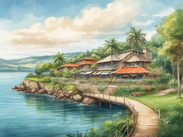 Auf dem Bild ist eine malerische Küstenlandschaft zu sehen. Im Vordergrund gibt es einen Steg, der über das Wasser führt und zu einem hübschen, rustikalen Gebäude mit roten Dächern und einer Terrasse führt. Um das Gebäude herum sind üppige grüne Pflanzen und Palmen angeordnet, was eine entspannte, tropische Atmosphäre schafft.Im Hintergrund sind sanfte Hügel sichtbar, die die Umrisse der Landschaft bestimmen. Der Himmel ist freundlich mit einigen Wolken, was auf schönes Wetter hindeutet. Die Umgebung des Parks ist ruhig und lädt zum Verweilen ein, wobei die Nähe zum Wasser und die natürliche Vegetation einen idealen Ort für Erholung bieten.