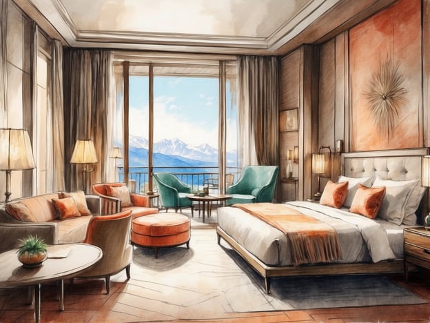 Auf dem Bild ist ein elegantes Hotelzimmer zu sehen. Die Unterkunft bietet eine große Fensterfront, die einen herrlichen Ausblick auf die Berge ermöglicht. Die Ausstattung umfasst ein komfortables Doppelbett mit dekorativen Kissen und einer warmen Decke, die eine gemütliche Atmosphäre schafft.Im Raum befinden sich zudem eine gemütliche Sitzecke mit einem Sofa und zwei Stühlen in sanften Farben sowie einem runden Tisch. Eine Stehlampe und Nachttische sorgen für eine angenehme Beleuchtung. Der Boden scheint aus Holz zu sein, was dem Zimmer ein warmes Ambiente verleiht. Insgesamt wirkt die Unterkunft modern und einladend.