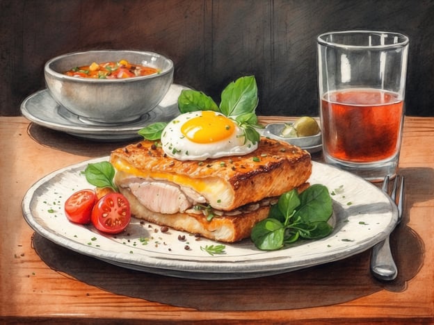 Auf dem Bild ist ein ansprechend angerichtetes Gericht zu sehen. Es handelt sich um ein Sandwich, das mit Käse und wahrscheinlich gegrilltem Hühnchen gefüllt ist, gekrönt von einem perfekt gebratenen Spiegelei. Daneben liegen frische Kirschtomaten und ein paar Blätter frischer Spinat. Im Hintergrund sieht man eine Schüssel mit einer bunten Gemüsesuppe und ein Glas mit einem dunklen Getränk.Kulinarische Highlights könnten beispielsweise ein Brunch in einem trendigen Café in Berlin sein, wo man solche kreativen und herzhaften Sandwiches genießen kann. Restaurants wie das „The Breakfast Club“ bieten ähnliche Kombinationen an, während man in Schweizer Lokalen dazu oft eine leckere Kürbissuppe findet. Der Genuss wird durch die rustikale Anrichtung und die frischen Zutaten perfekt abgerundet.