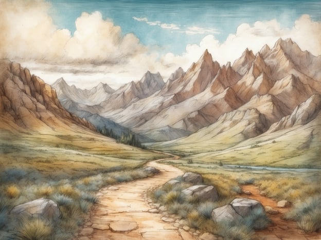 Auf dem Bild ist eine malerische Landschaft mit hohen Bergen, sanften Hügeln und einem gewundenen Weg zu sehen. Die Szenerie vermittelt ein Gefühl von Ruhe und Unberührtheit der Natur.Für Ausflüge in die Umgebung könnten folgende Tipps hilfreich sein:1. **Wanderungen**: Nutzen Sie die zahlreichen Wanderwege in der Region, um die atemberaubende Natur hautnah zu erleben. Achten Sie auf markierte Routen, die verschiedene Schwierigkeitsgrade bieten.2. **Picknickplätze**: Suchen Sie sich eine malerische Stelle entlang des Weges, um ein Picknick zu machen. Dafür eignen sich besonders Wiesen mit Blick auf die Berge.3. **Fotografie**: Nehmen Sie Ihre Kamera mit, um die spektakuläre Landschaft festzuhalten. Die besten Lichtverhältnisse sind oft früh morgens oder spät nachmittags.4. **Naturbeobachtung**: Halten Sie Ausschau nach einheimischen Tieren und Pflanzen. Ein Fernglas kann hierbei nützlich sein.5. **Lokale Kultur**: Besuchen Sie in der Nähe gelegene Dörfer oder Städte, um mehr über die lokale Kultur und Traditionen zu erfahren.6. **Entspannende Aktivitäten**: Wenn Sie es ruhiger angehen möchten, könnten Yoga oder Meditation in der Natur eine wunderbare Möglichkeit sein, sich zu entspannen und die Umgebung zu genießen.Viel Spaß bei Ihrem
