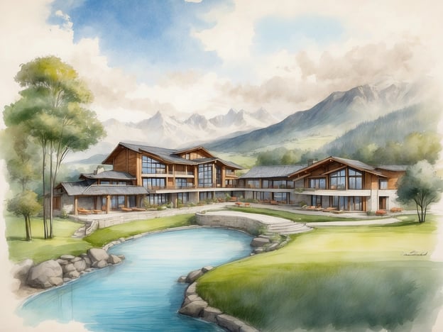 Auf dem Bild ist eine künstlerische Darstellung des Hillview Resort Grandvoir zu sehen. Das Resort ist umgeben von einer malerischen Landschaft mit Bergen im Hintergrund und einem klaren Wasserlauf im Vordergrund. Die Architektur des Gebäudes ist modern und harmonisch in die Natur integriert, mit großen Fenstern, die viel Licht hereinschaffen, und gemütlichen Terrassen, auf denen man die Aussicht genießen kann. Um das Resort sind grüne Wiesen und Bäume, was eine entspannende Atmosphäre schafft.Das Hillview Resort Grandvoir bietet wahrscheinlich eine ideale Umgebung für Erholung und Genuss der Natur, perfekt für einen ruhigen Rückzugsort oder einen aktiven Urlaub.