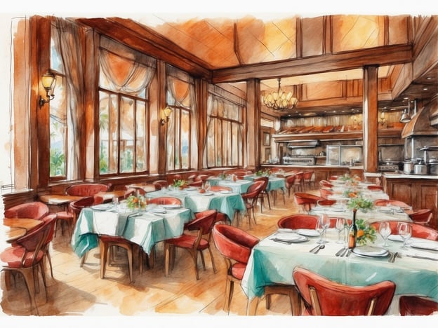 Auf dem Bild ist ein stilvolles Restaurant zu sehen, das eine einladende Atmosphäre bietet. Die Tische sind mit hellen Tischdecken gedeckt und hübschen Blumenarrangements dekoriert, was für ein elegantes kulinarisches Erlebnis sorgt. Die großen Fenster lassen viel Tageslicht herein und bieten einen Blick auf eine grüne Umgebung, was den Gästen das Gefühl von Frische und Weite vermittelt.Das Restaurant scheint eine Kombination aus gemütlichem und feinem Dining anzubieten, perfekt für besondere Anlässe oder ein schönes Abendessen. Die offene Küche im Hintergrund lässt erahnen, dass die Gäste Einblick in die Zubereitung ihrer Speisen haben, was das kulinarische Erlebnis noch intensiver macht. Es ist der ideale Ort, um exquisite Gerichte zu genießen und sich verwöhnen zu lassen.