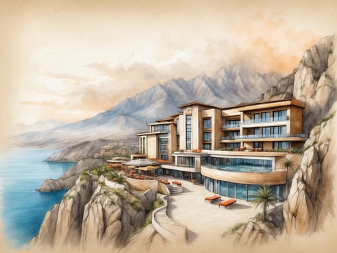 Eine stilisierte Darstellung des NH Hotels Collection Monterrey San Pedro in Mexiko. Das Hotel liegt malerisch an einer Küstenlinie und ist von dramatischen Felsen und Bergen umgeben. Die Architektur des Gebäudes zeigt moderne Elemente mit großen Fenstern und Balkonen, die einen Blick auf das Meer bieten. Auf der Terrasse sind Sonnenliegen aufgestellt, umgeben von grünen Pflanzen, und im Vordergrund sind Sonnenschirme zu sehen. Der Himmel ist sanft in warmen Farben gehalten und verleiht der Szene eine einladende Atmosphäre.