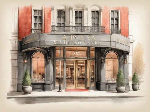 Ein stilvolles Eingangsportal des NH Hotels Collection New York Madison Avenue zeigt eine elegante Fassade mit einem geschwungenen Vordach. Die Türen sind großflächig verglast und laden zum Betreten ein. An den Seiten stehen symmetrisch angeordnete Pflanzen in großen Töpfen. Der Boden ist mit einem roten Teppich geschmückt, der den Eingang betont. Der Name des Hotels ist in großen, goldenen Buchstaben über dem Eingang zu sehen, umgeben von warmem Licht, das eine einladende Atmosphäre schafft.