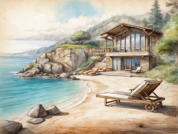 Auf dem Bild ist ein malerischer Strand mit einem modernen Holzhaus zu sehen, das direkt am Wasser steht. Das Haus hat große Fenster und eine Terrasse, auf der Sonnenliegen platziert sind. Die Umgebung ist von sanften Hügeln und Bäumen geprägt, die eine entspannende Atmosphäre schaffen.In Bezug auf Roompot Park - Parc la Clusure, dieser Park bietet eine idyllische Lage inmitten der Natur, ideal für Familien und Erholungssuchende. Die Unterkünfte sind komfortabel und oft mit modernen Annehmlichkeiten ausgestattet. Freizeitaktivitäten in der Umgebung könnten Wandern, Radfahren und Wassersport umfassen, die die Naturlandschaft perfekt abrunden.