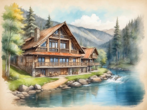 Auf dem Bild ist eine malerische Holzarchitektur zu sehen, die sich in einer naturnahen Umgebung befindet. Das Gebäude hat große Fenster und eine einladende Terrasse, die zu einem Fluss führt. Der Fluss fließt ruhig durch die Landschaft, umgeben von Bäumen und Bergen im Hintergrund.Der Roompot Park - Vallée Les Etoiles bietet eine ähnliche naturnahe Atmosphäre, ideal für Erholung und Aktivitäten im Freien. Die Unterkunftsmöglichkeiten variieren, und es gibt zahlreiche Freizeitangebote für Familien und Naturliebhaber, darunter Wander- und Radwege, Spielplätze und Möglichkeiten für Wassersport.