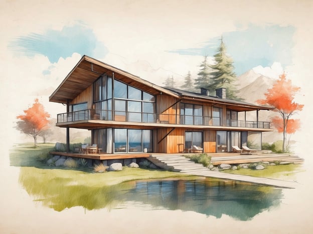 Auf dem Bild ist ein modernes, architektonisch ansprechendes Haus zu sehen, das von einer natürlichen Umgebung umgeben ist. Die Fassade ist aus Holz und großen Glasflächen, die viel Licht hereinlassen. Das Gebäude hat mehrere Balkone und ist auf einem Hang oder in der Nähe eines Wassers gelegen, was eine malerische Aussicht ermöglicht. Es gibt auch einige Bäume und Sträucher, die dem Grundstück einen harmonischen Charakter verleihen.
Im Kontext eines Roompot-Parks könnte man sich vorstellen, dass das Haus Teil einer nachhaltigen Ferienanlage ist, die Urlaubern eine elegante und komfortable Unterkunft in der Natur bietet. Roompot-Parks sind bekannt für ihre schöne Lage, oft in der Nähe von Wasser oder in ländlichen Gebieten, und bieten eine Vielzahl von Freizeitaktivitäten.