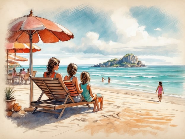 Auf dem Bild sieht man eine entspannte Szene am Strand. Eine Frau sitzt mit zwei Mädchen in Liegestühlen unter einem orangefarbenen Sonnenschirm und schaut auf das Meer. Im Hintergrund sind weitere Personen zu sehen, die im Wasser schwimmen oder am Strand spazieren. Das Gesamtbild vermittelt ein Gefühl von Ruhe und Urlaub.
Der Roompot Park - Cap Sud könnte in solch einer Umgebung ähnliche entspannende Atmosphären mit Freizeitmöglichkeiten und Zugang zu Strand und Wasser bieten, ideal für Familien und Erholungssuchende.