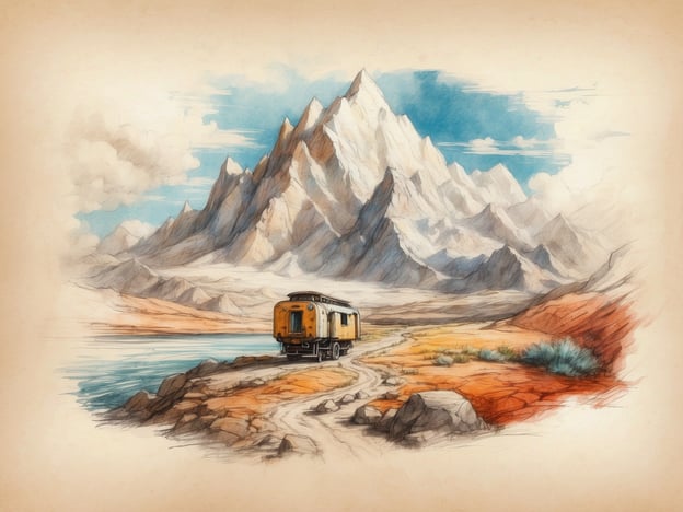 Auf dem Bild ist eine malerische Landschaft zu sehen. Im Vordergrund steht ein Wohnmobil, das auf einem schmalen Weg am Ufer eines Gewässers geparkt ist. Hinter dem Wohnmobil erstrecken sich bunte Felsen sowie strauchartige Vegetation. Im Hintergrund erheben sich majestätische Berge, die teilweise schneebedeckt sind, und der Himmel zeigt einige Wolken. Diese Szenerie lädt zu Entdeckungsreisen in der Natur ein und vermittelt ein Gefühl von Abenteuer und Freiheit.