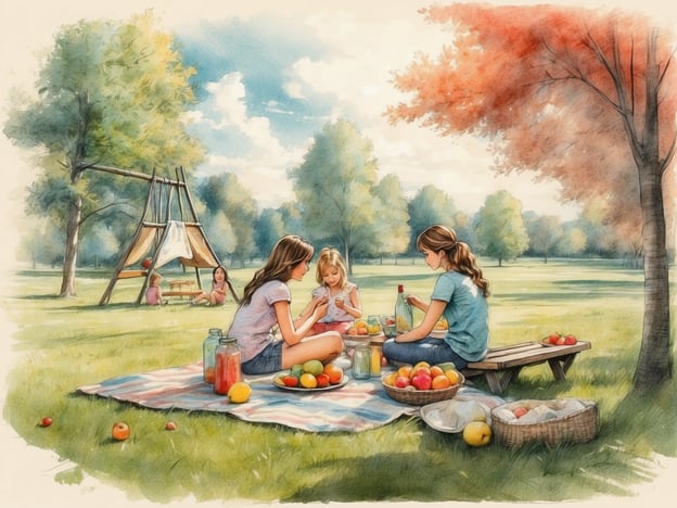 Auf dem Bild ist eine entspannte Szene im Park zu sehen. Drei Mädchen haben ein Picknick auf einer Decke ausgebreitet, umgeben von frischem Gras und Bäumen. Sie genießen Essen und Getränke, während sie miteinander plaudern. Im Hintergrund spielen andere Kinder auf einem Spielplatz, wo es eine Schaukel gibt. Diese Aktivitäten fördern das Zusammensein und die Freude an der Natur.