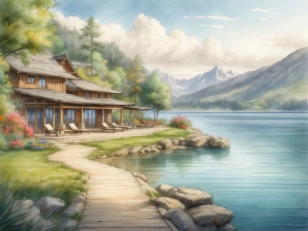 Auf dem Bild ist eine malerische Landschaft zu sehen, die ein modernes Holzhaus am Ufer eines ruhigen Sees zeigt. Der Weg, der am Wasser entlangführt, ist von Bäumen und bunten Blumen gesäumt. Im Hintergrund sind majestätische Berge zu erkennen, die eine traumhafte Kulisse bieten.
Im Kontext des Roompot Parks La Ribeyre könnte man sagen, dass dieser Ort ideale Bedingungen für einen erholsamen Urlaub in der Natur bietet. Der Park ist bekannt für seine vielseitigen Freizeitmöglichkeiten, darunter Wassersport, Wandern und Fahrradfahren. Besucher können die Ruhe der Umgebung genießen und sich in der Natur entspannen.