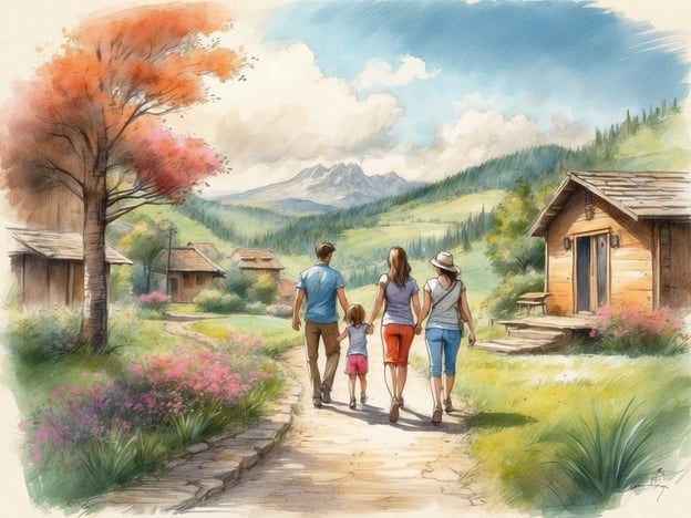 Auf dem Bild ist eine malerische Landschaft zu sehen, die eine Familie zeigt, die gemeinsam auf einem Weg spaziert. Im Hintergrund sind hügelige Berge und eine grüne, bewaldete Umgebung zu erkennen. Der Weg wird von bunten Blumen und Bäumen gesäumt, was eine freundliche und einladende Atmosphäre schafft. Die Häuser entlang des Weges scheinen rustikal und gut in die Natur integriert zu sein.Im Kontext eines Roompot Parks könnte dieses Bild einen idealen Ort darstellen, an dem Familien Zeit in der Natur verbringen können, mit Aktivitäten wie Wandern, Radfahren und Erholung in einer idyllischen Umgebung. Die Kombination aus Natur, familiärem Beisammensein und gemütlichen Unterkünften zeichnet den typischen Charme eines Roompot Parks aus.