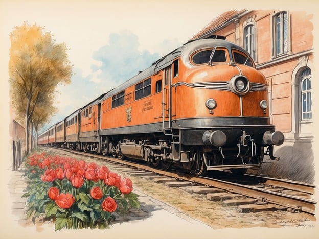 Auf dem Bild ist eine historische Dampflok zu sehen, die in einer idyllischen Umgebung steht. Die Szenerie zeigt blühende rote Tulpen und Bäume, die dem Bild einen malerischen Charakter verleihen. Solche Züge waren in vielen Städten, einschließlich Neustadt, ein wichtiger Teil des öffentlichen Verkehrs und spielten eine entscheidende Rolle in der Entwicklung der Region.In Neustadt, wie in vielen anderen Städten, trugen die Bahnen erheblich zur wirtschaftlichen und sozialen Vernetzung bei. Die Eisenbahnstaionen waren oft zentrale Anlaufstellen, wo Menschen reisten, Waren transportiert wurden und sich das Leben um den Zugverkehr drehte. Diese nostalgische Darstellung erinnert an eine Zeit, in der Reisen mit dem Zug ein romantisches Abenteuer war.